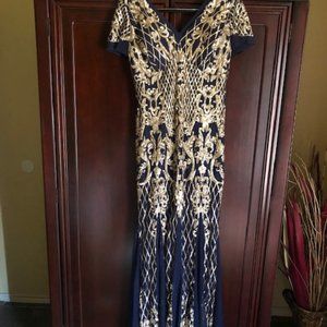 R & M Richards formal gown, blue with gold sequin embellishments, size 14
